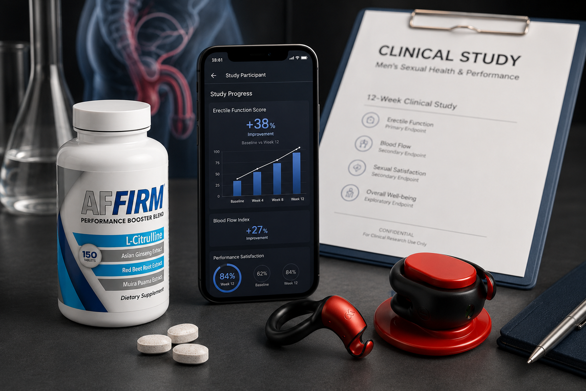 Man reviewing sexual health tracking data on a phone app next to AFFIRM nitric oxide supplement bottle and FirmTech TechRing